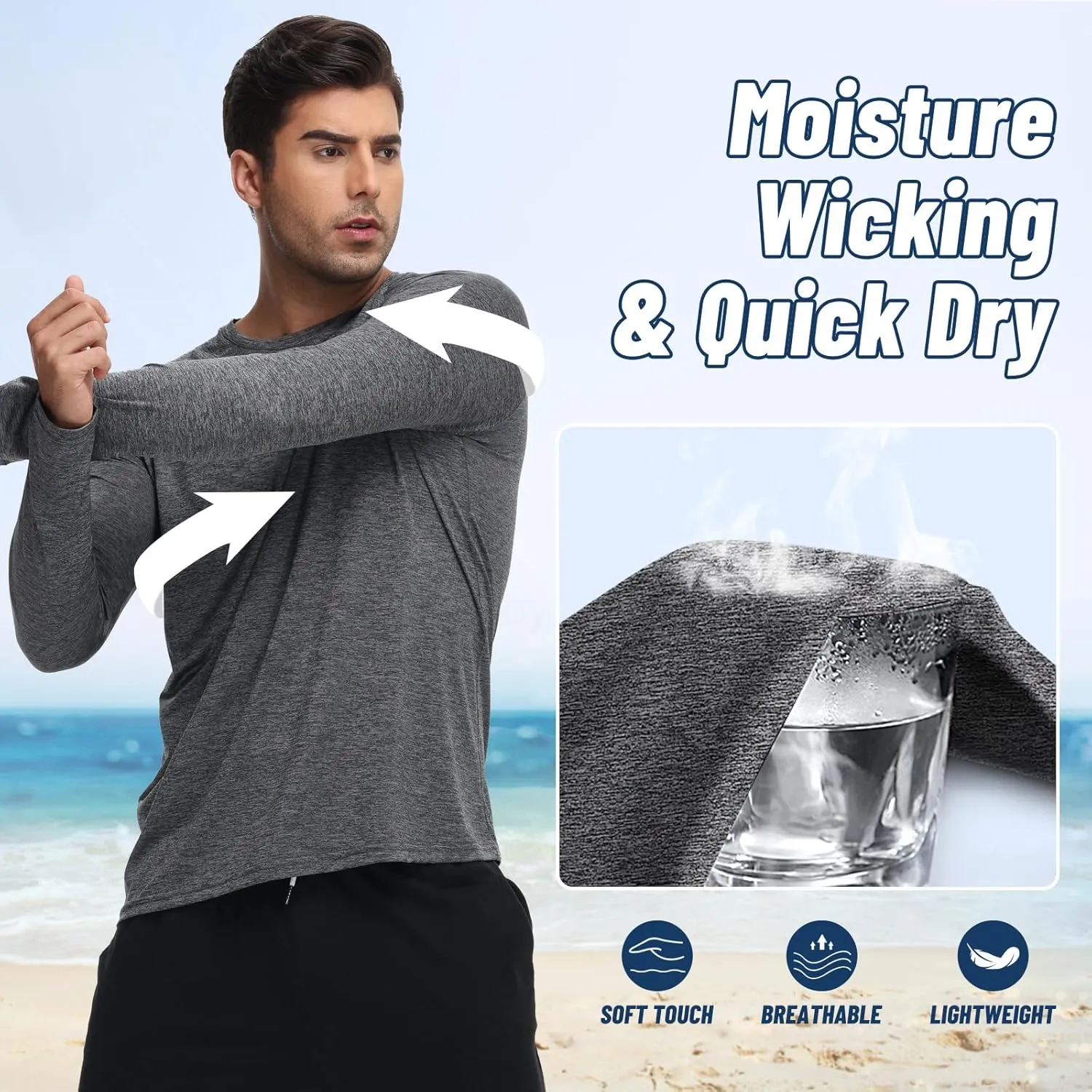 3 Pack Long Sleeve Shirts for Men - Dry Fit Moisture Wicking UV Sun Protection T-Shirts for Fishing Workout Athletic