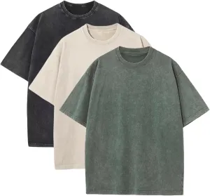 3 Pack Men's Oversized Heavy Cotton T-Shirts Vintage Tee Loose Fit Short Sleeve Casual Shirts for Men