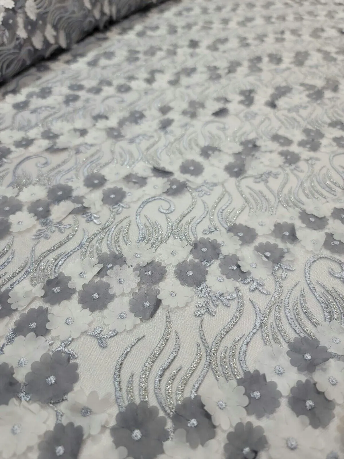 3D Floral Flowers Lace Gray  Embroidery Sequin Fabric - Sold by the Yard