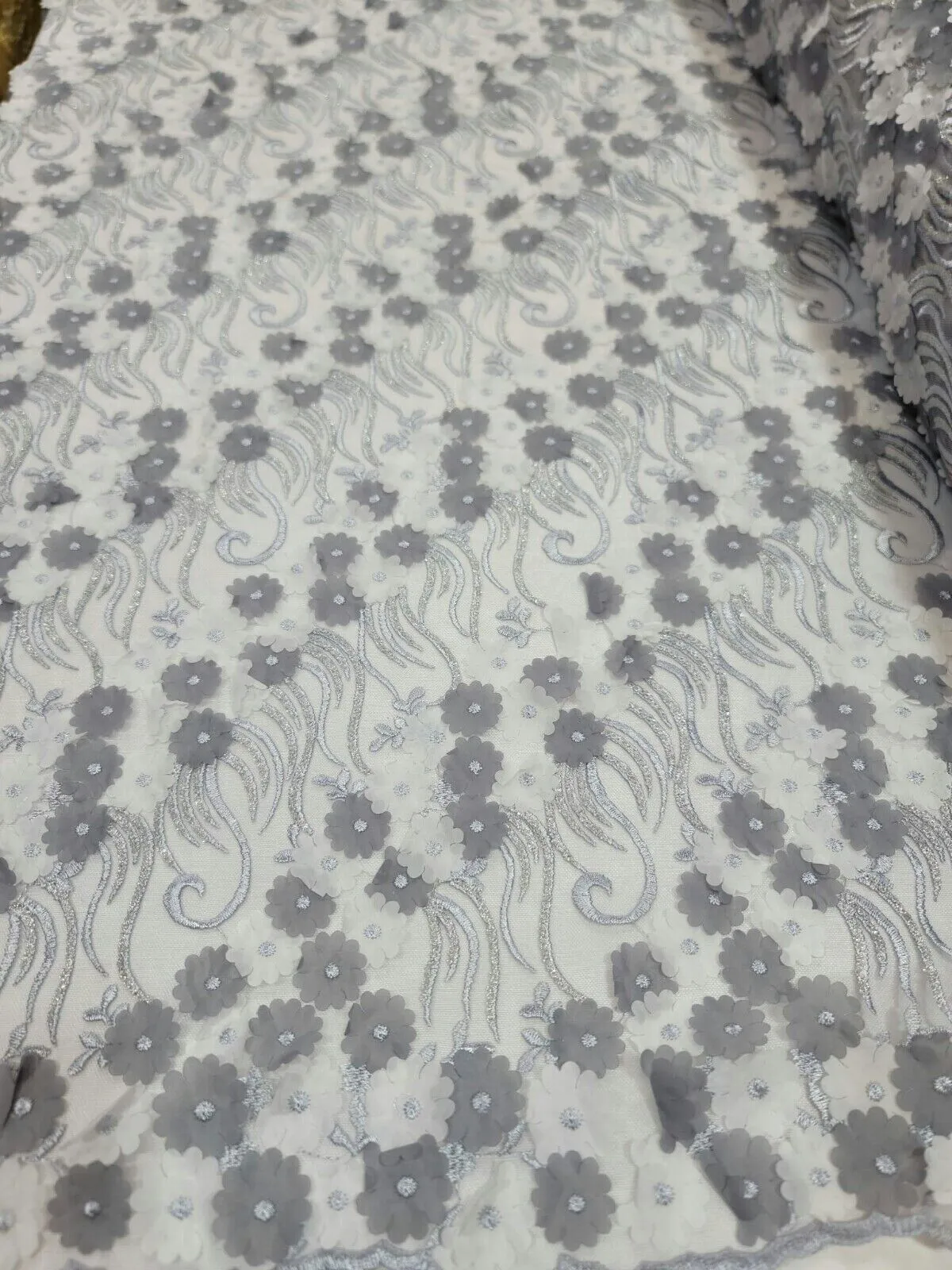 3D Floral Flowers Lace Gray  Embroidery Sequin Fabric - Sold by the Yard