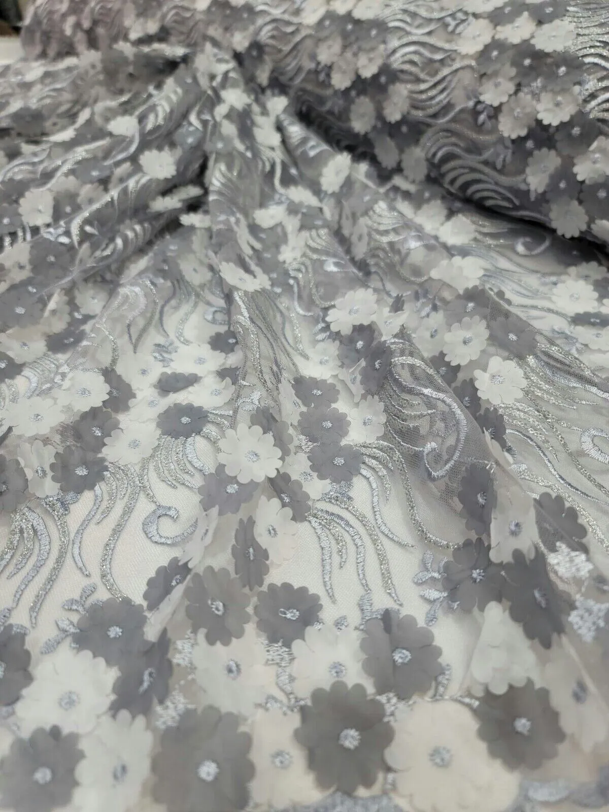 3D Floral Flowers Lace Gray  Embroidery Sequin Fabric - Sold by the Yard
