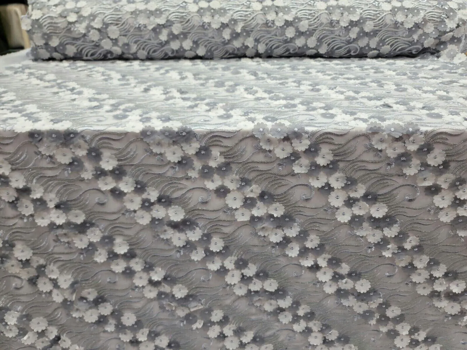 3D Floral Flowers Lace Gray  Embroidery Sequin Fabric - Sold by the Yard