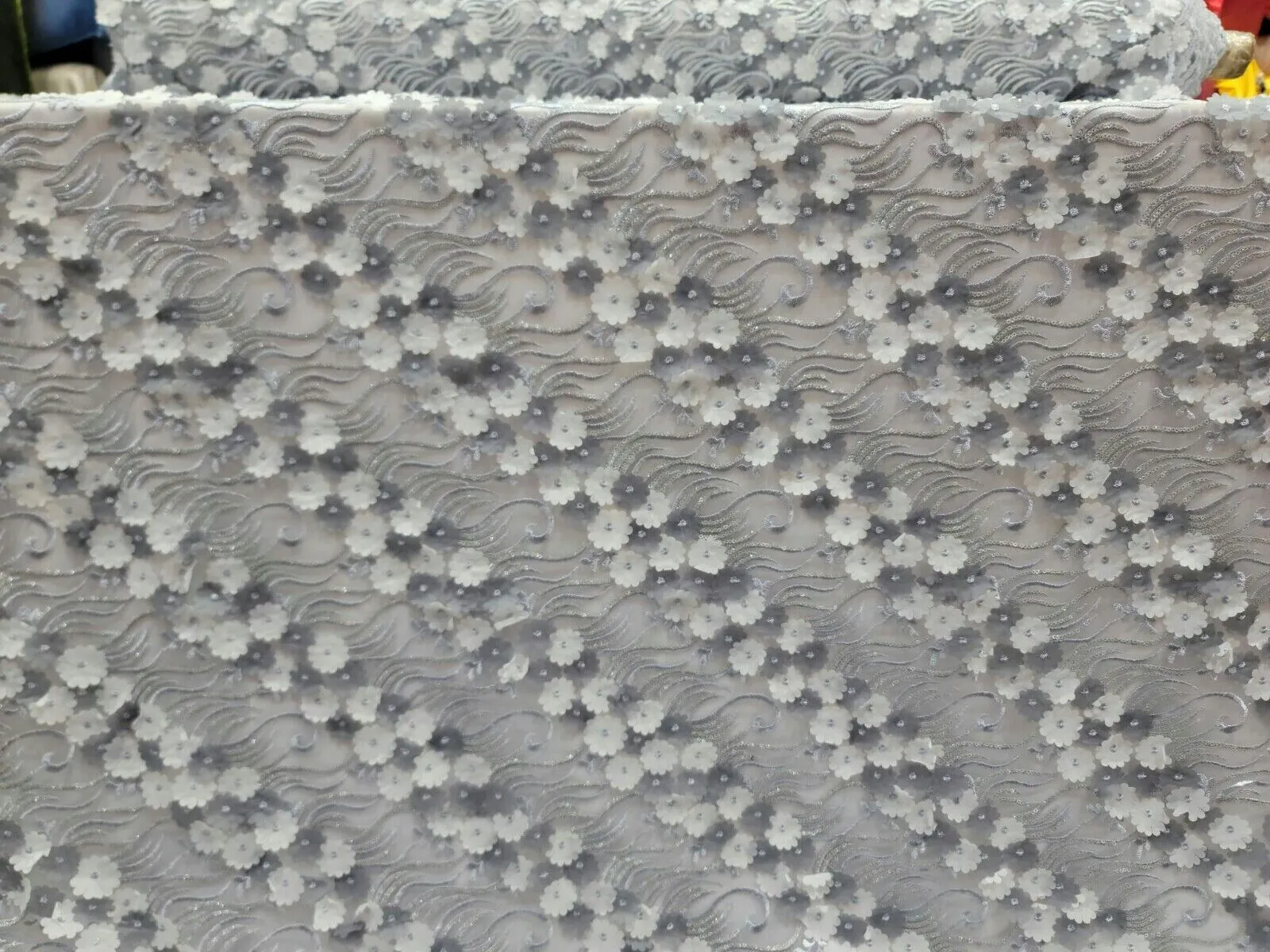 3D Floral Flowers Lace Gray  Embroidery Sequin Fabric - Sold by the Yard
