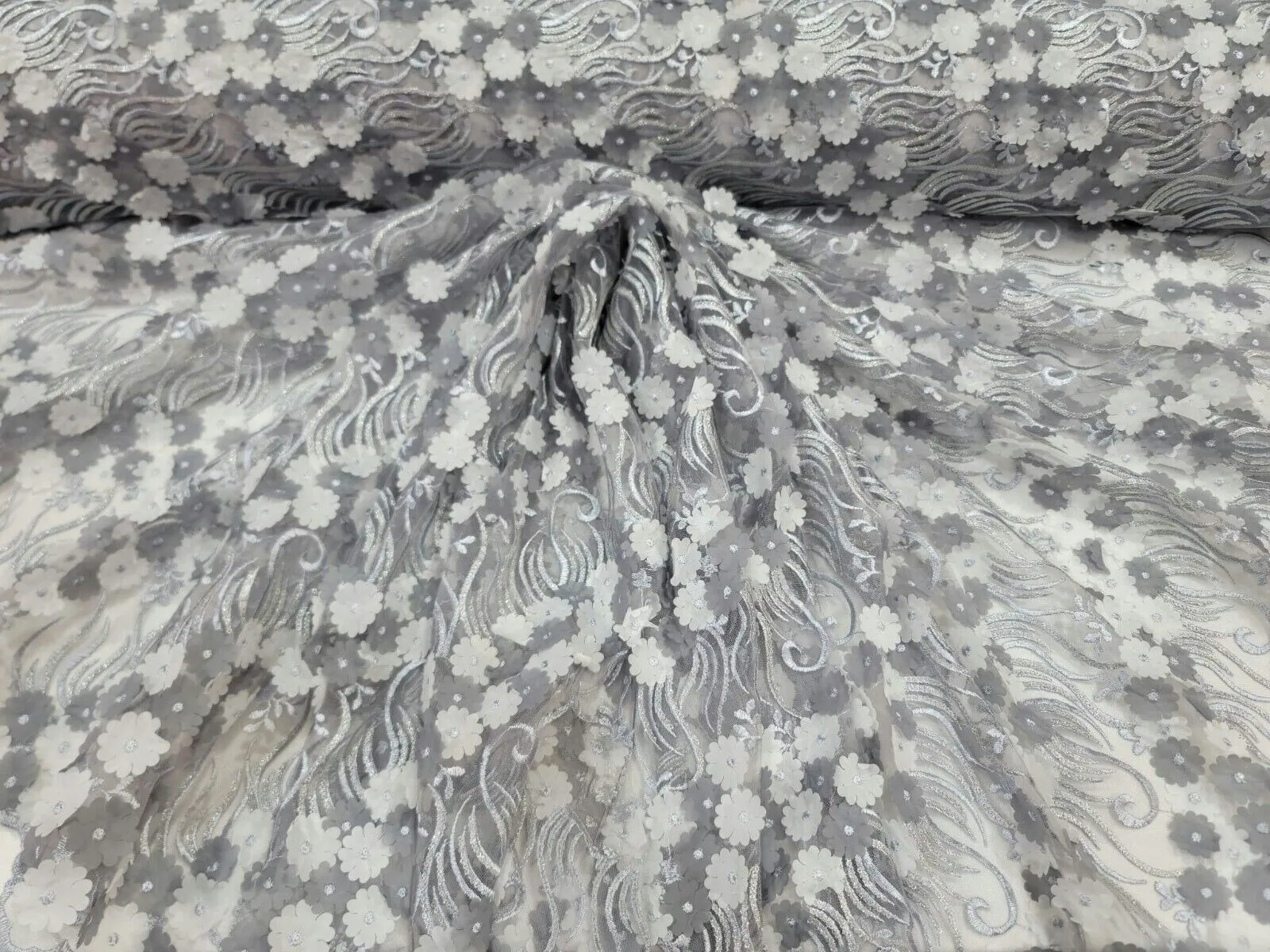 3D Floral Flowers Lace Gray  Embroidery Sequin Fabric - Sold by the Yard