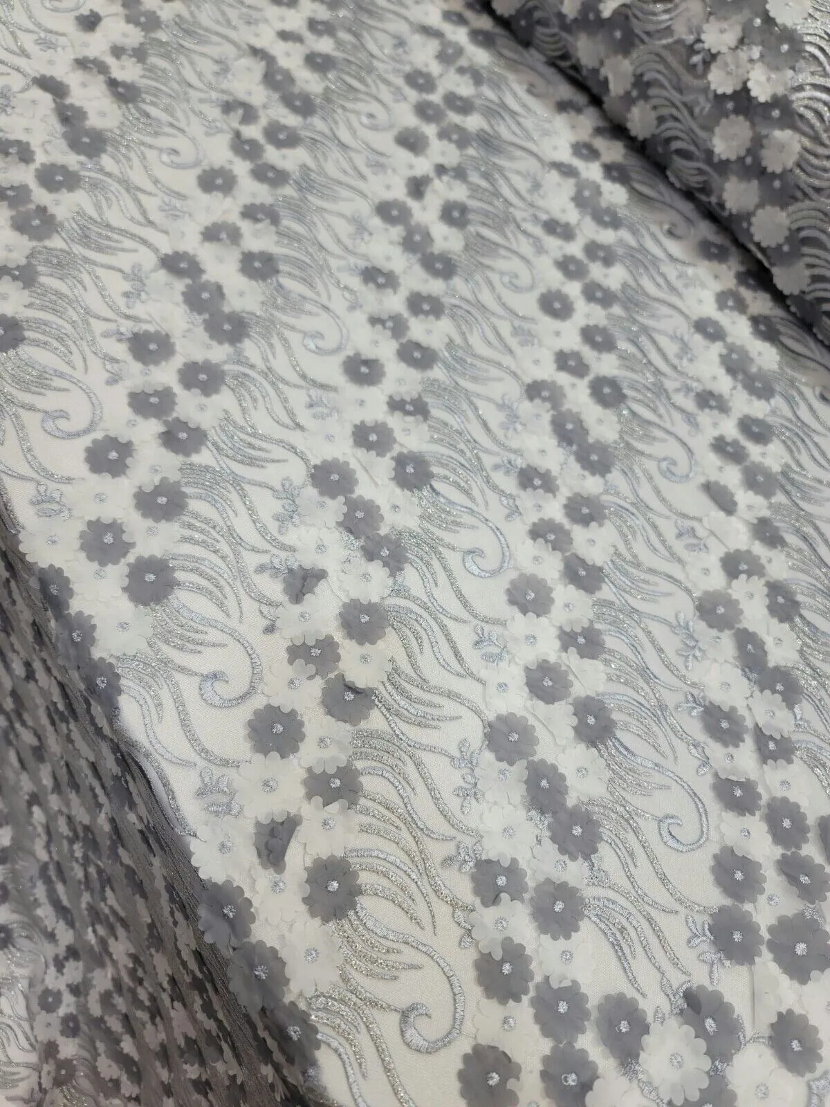 3D Floral Flowers Lace Gray  Embroidery Sequin Fabric - Sold by the Yard
