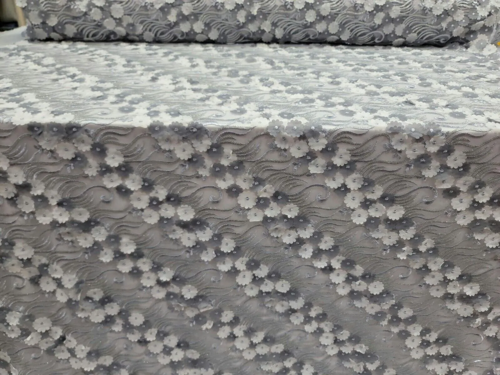 3D Floral Flowers Lace Gray  Embroidery Sequin Fabric - Sold by the Yard
