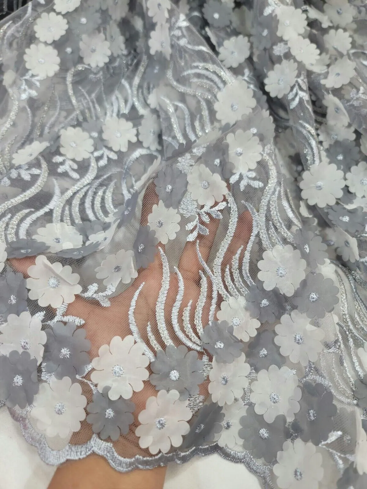 3D Floral Flowers Lace Gray  Embroidery Sequin Fabric - Sold by the Yard