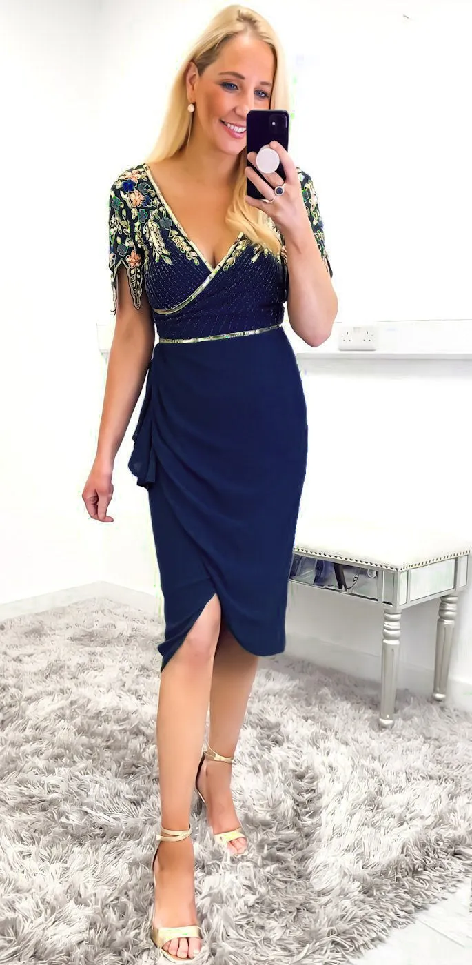 4-A1621 Navy Embellished Wrap Skirt Dress