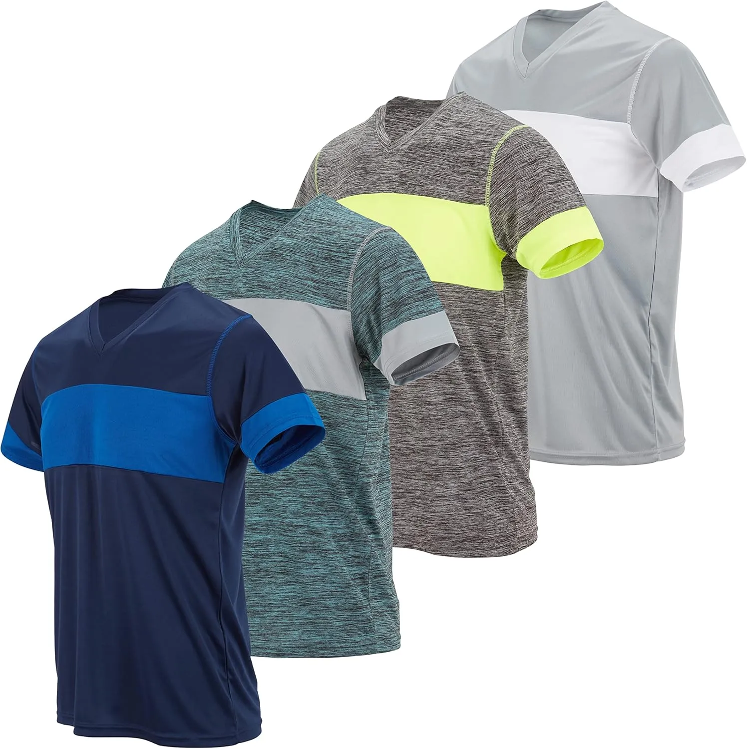 4 Pack: Men's Workout Shirts Dry Fit, Moisture Wicking Active Athletic V-Neck Running & Gym Tshirts for Men, Reg & Oversized