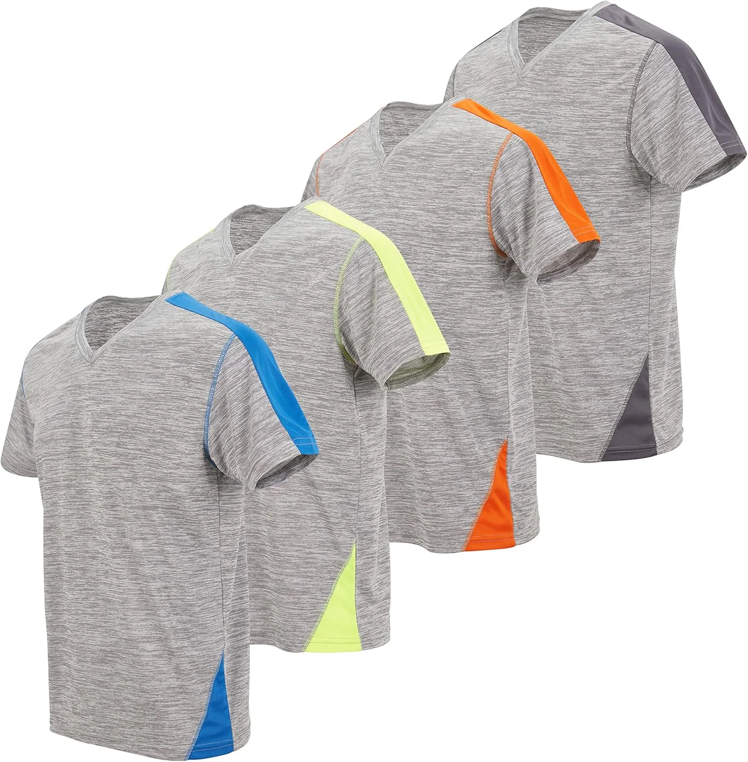 4 Pack: Men's Workout Shirts Dry Fit, Moisture Wicking Active Athletic V-Neck Running & Gym Tshirts for Men, Reg & Oversized