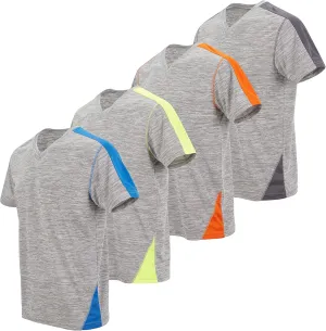 4 Pack: Men's Workout Shirts Dry Fit, Moisture Wicking Active Athletic V-Neck Running & Gym Tshirts for Men, Reg & Oversized