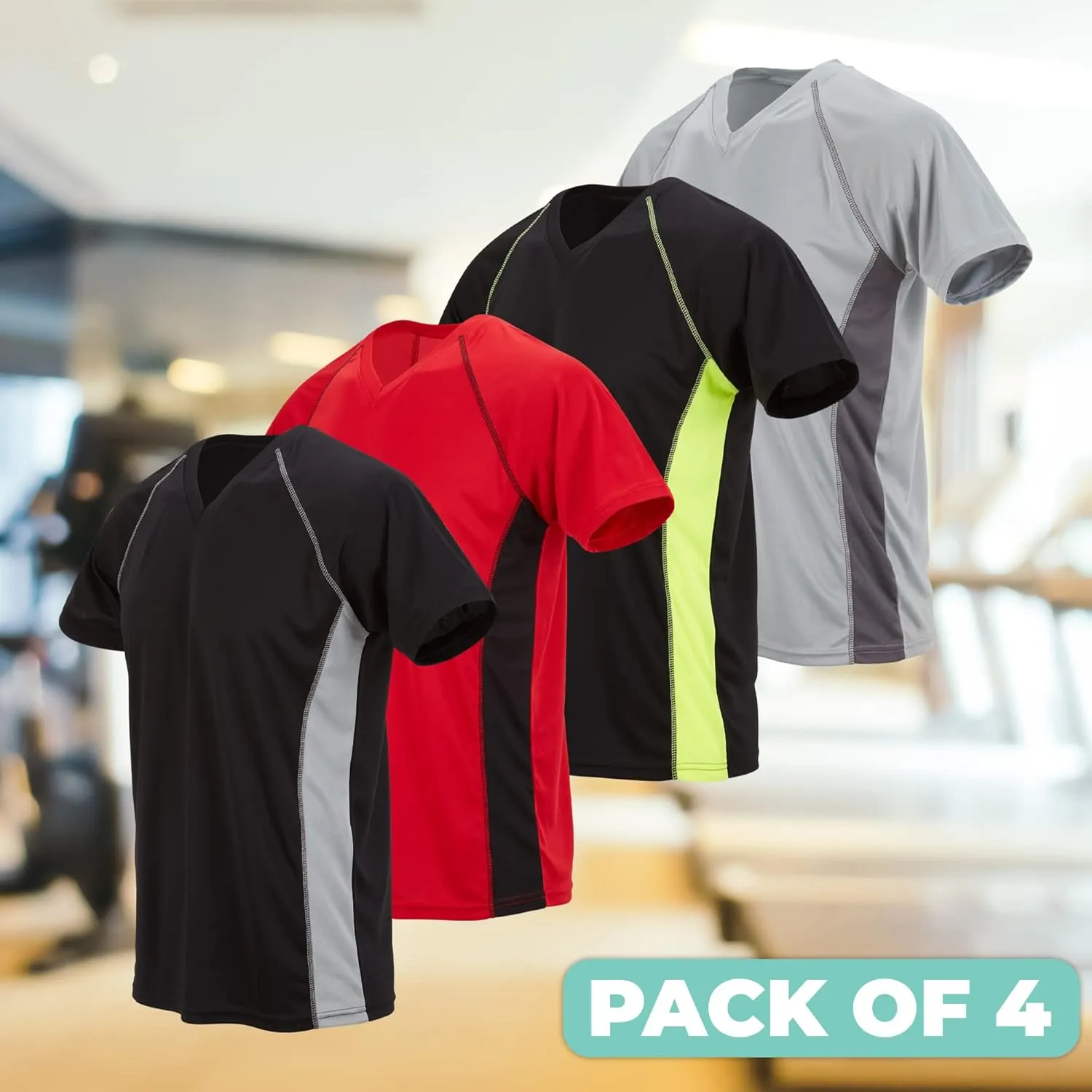 4 Pack: Men's Workout Shirts Dry Fit, Moisture Wicking Active Athletic V-Neck Running & Gym Tshirts for Men, Reg & Oversized