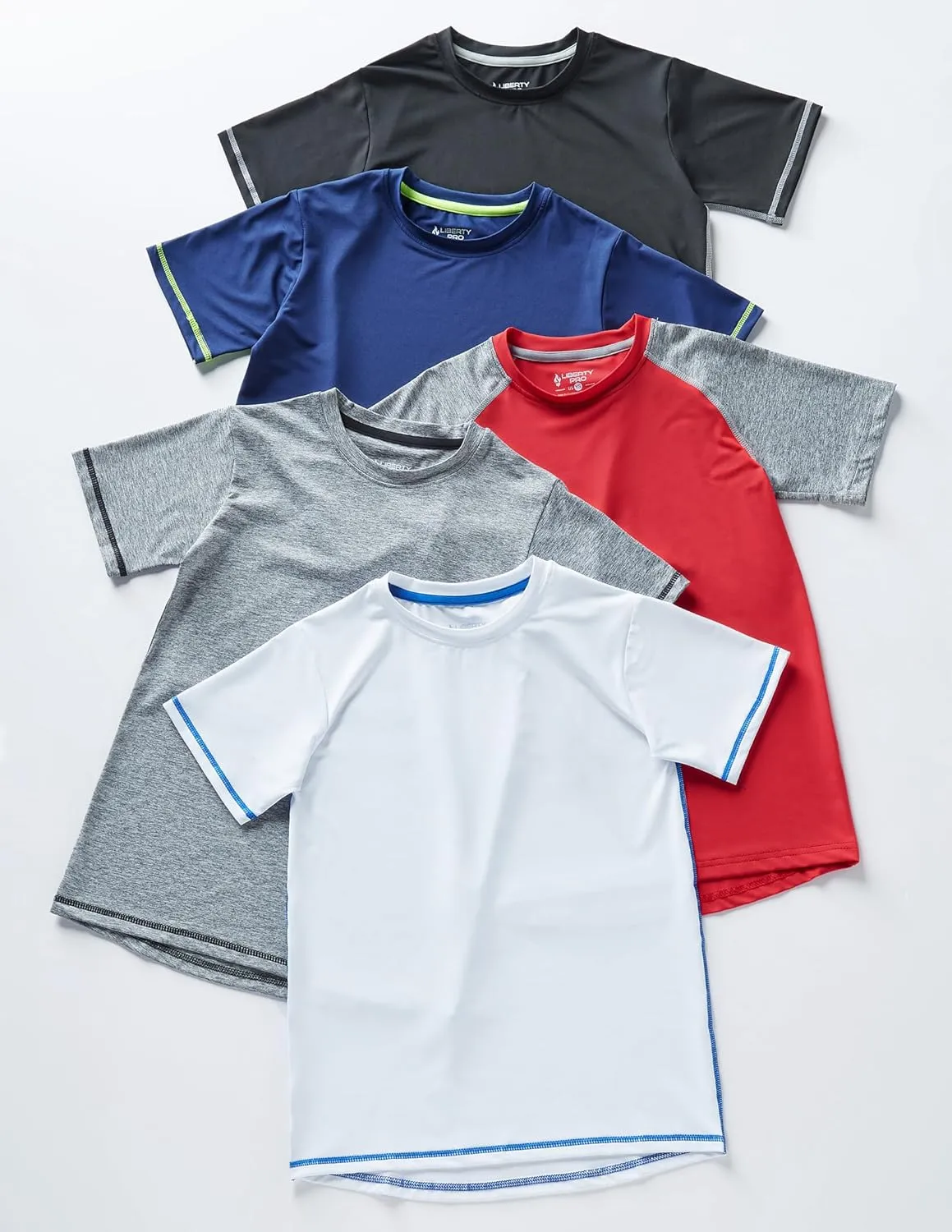 5 Pack Boys Athletic Shirts, Youth Activewear Dry Fit Tshirts for Kids, Short Sleeve Tees, Bulk Athletic Performance Clothing
