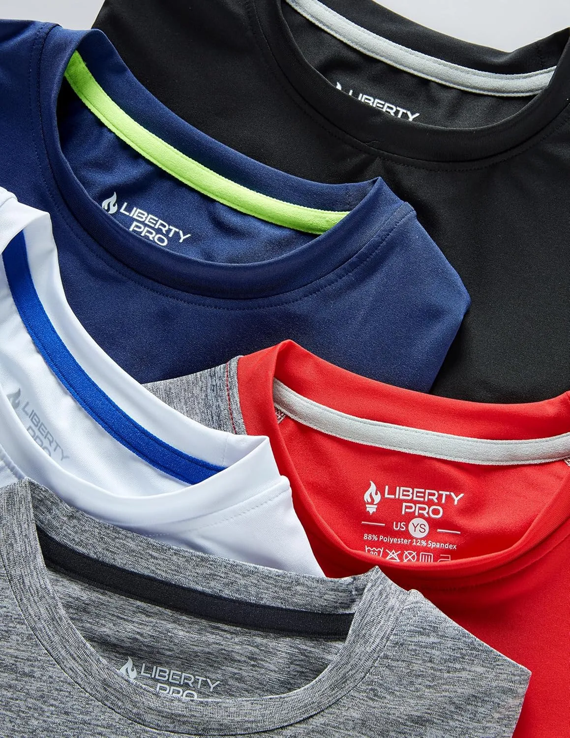 5 Pack Boys Athletic Shirts, Youth Activewear Dry Fit Tshirts for Kids, Short Sleeve Tees, Bulk Athletic Performance Clothing