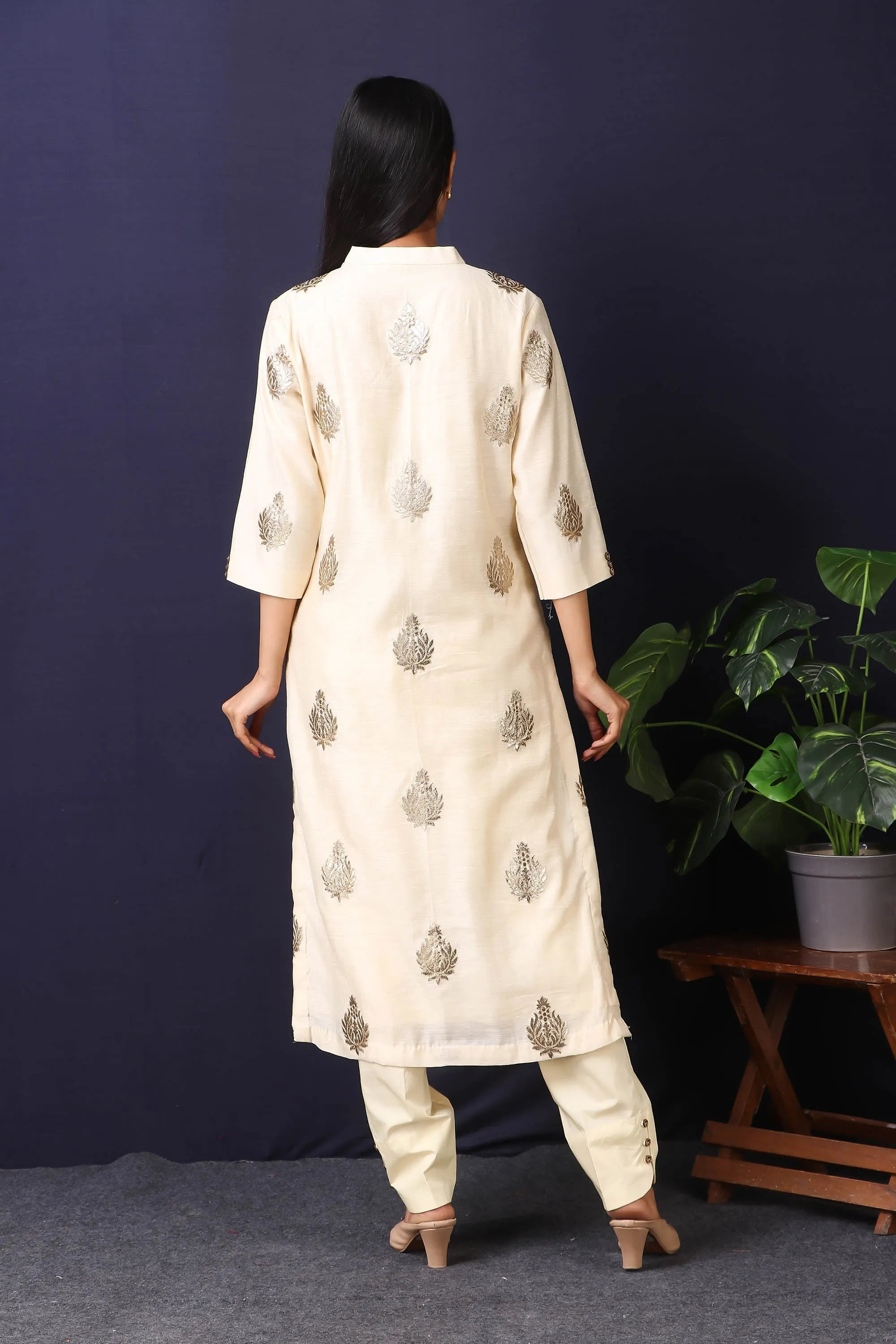 50Z428-RO Summer Linen Kurta in Cream Color With Cotton Stretch Pant