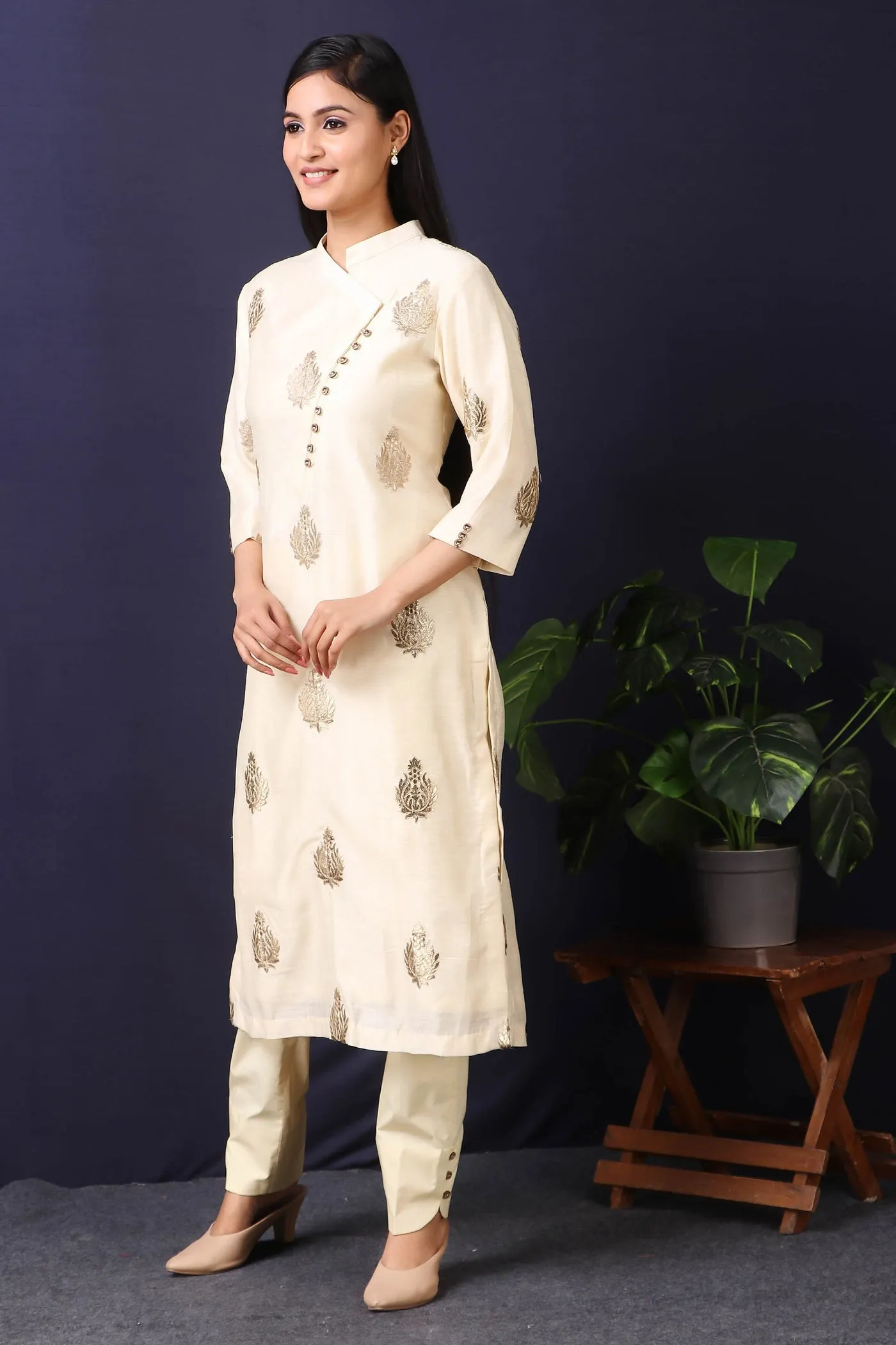50Z428-RO Summer Linen Kurta in Cream Color With Cotton Stretch Pant