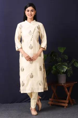 50Z428-RO Summer Linen Kurta in Cream Color With Cotton Stretch Pant