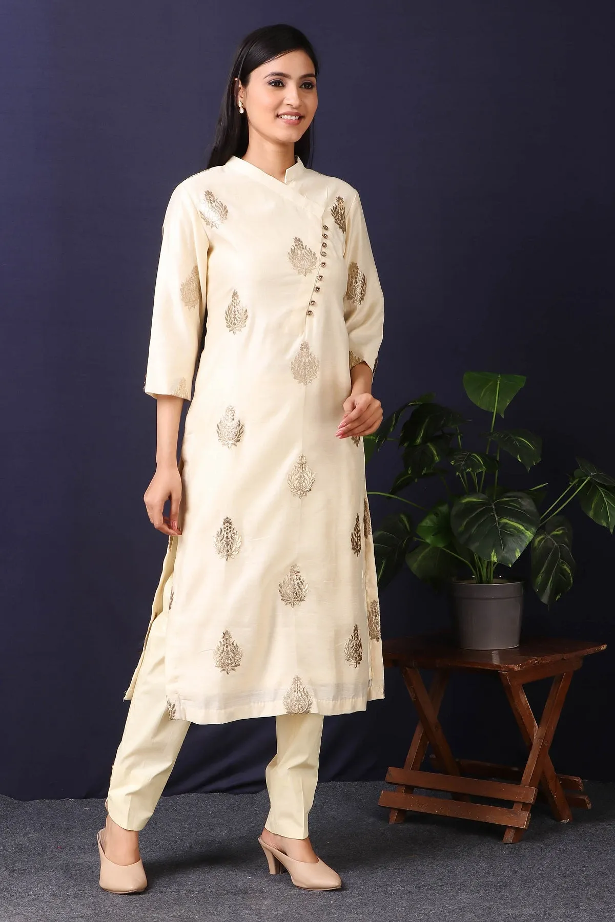 50Z428-RO Summer Linen Kurta in Cream Color With Cotton Stretch Pant