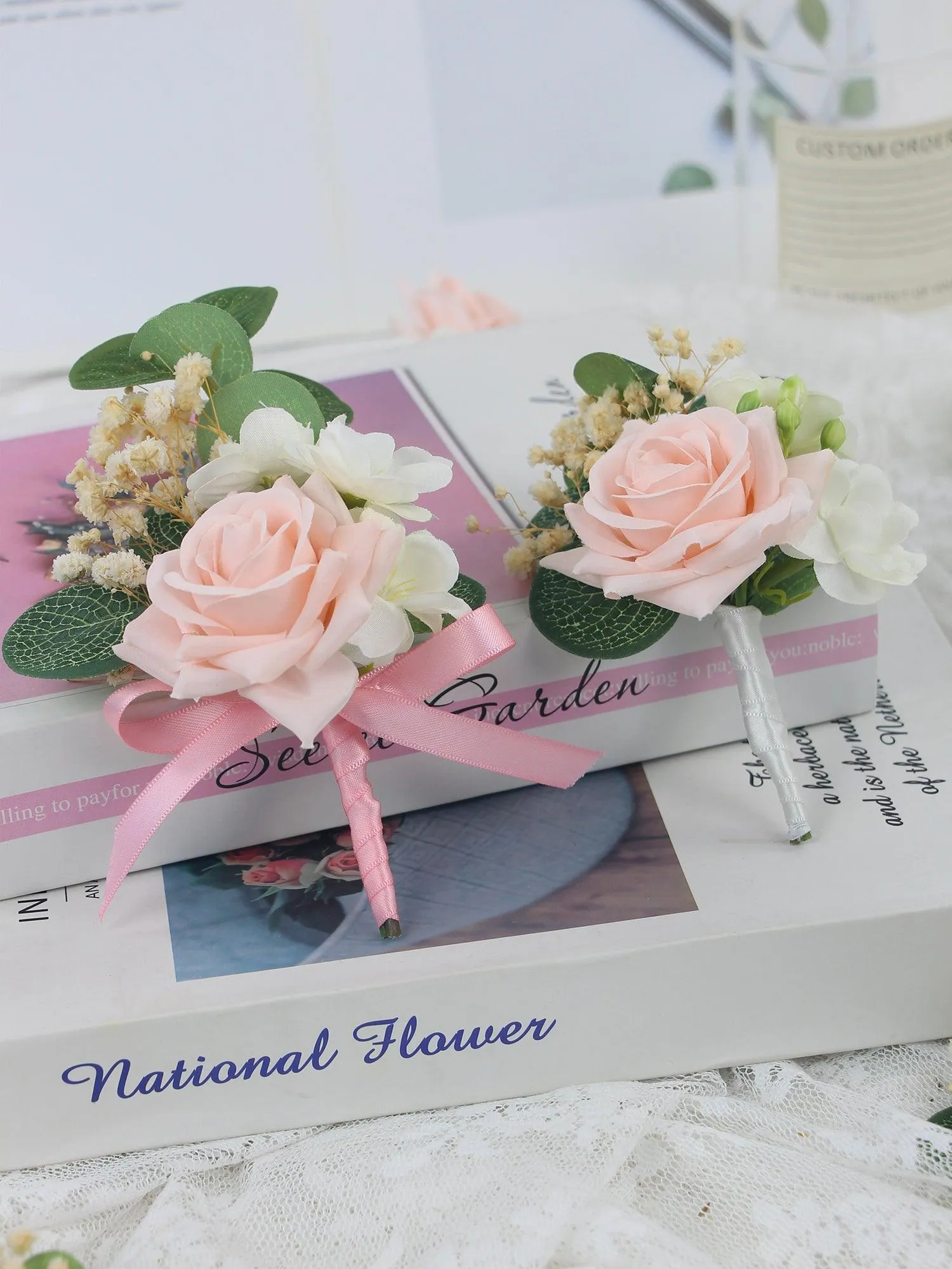 6Pcs Blush Pink & White Boutonnieres