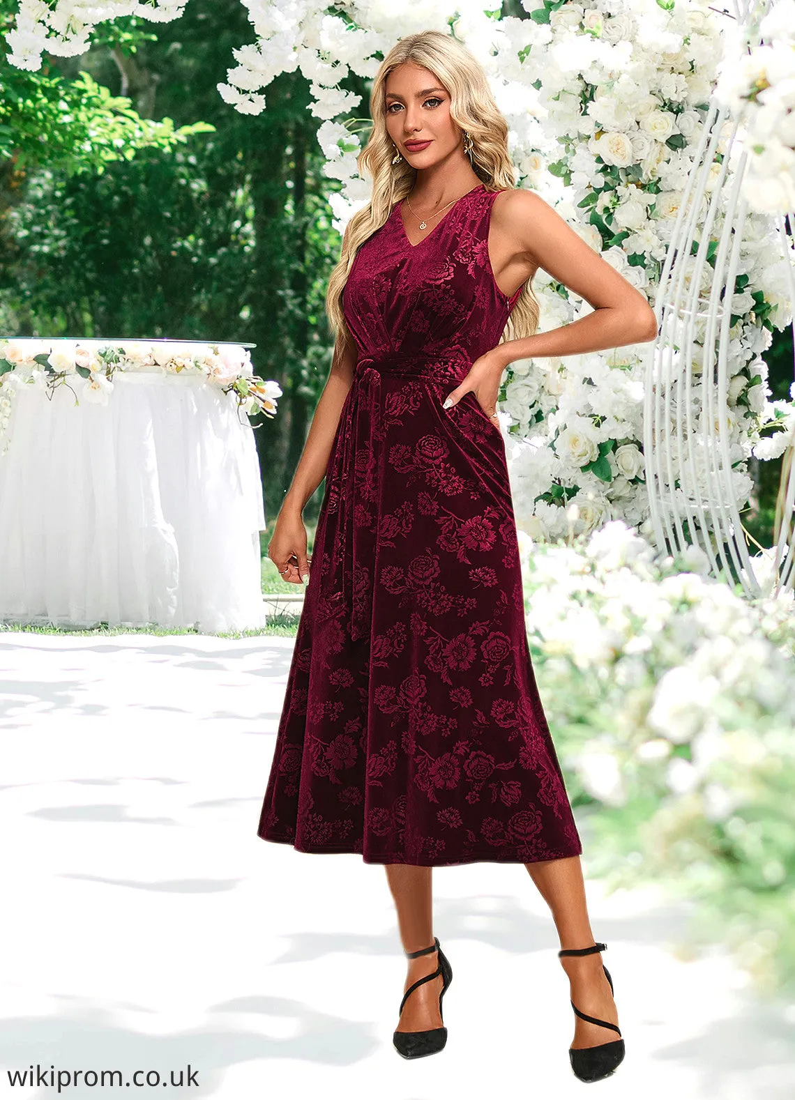 Abigayle Flower V-Neck Elegant A-line Velvet Midi Dresses SWKP0022504