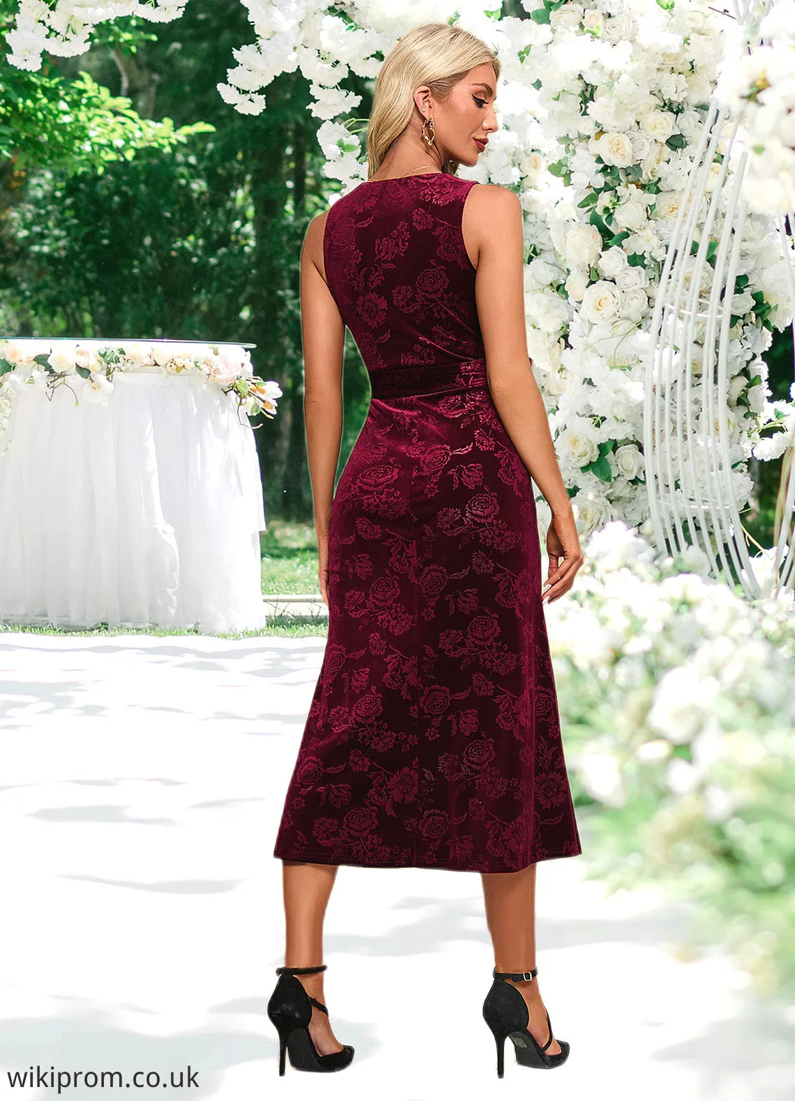 Abigayle Flower V-Neck Elegant A-line Velvet Midi Dresses SWKP0022504