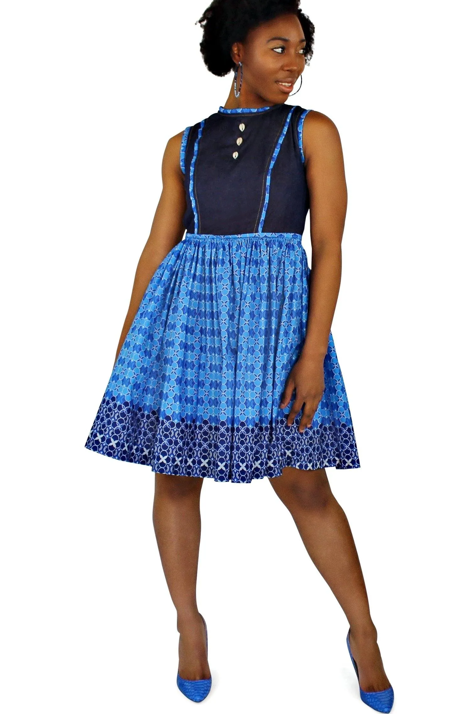 Afua African Print Denim Midi Dresses - Blue