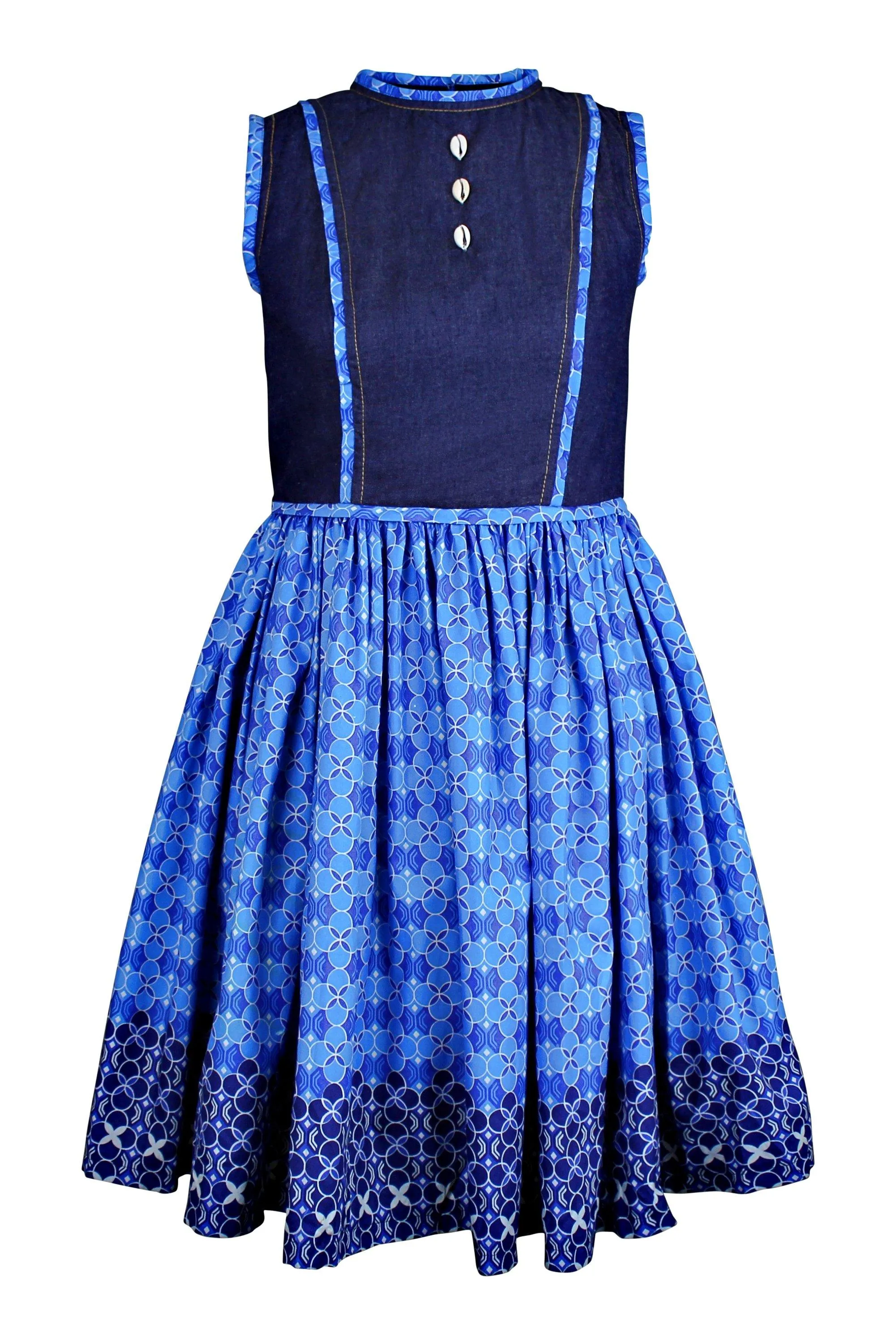 Afua African Print Denim Midi Dresses - Blue