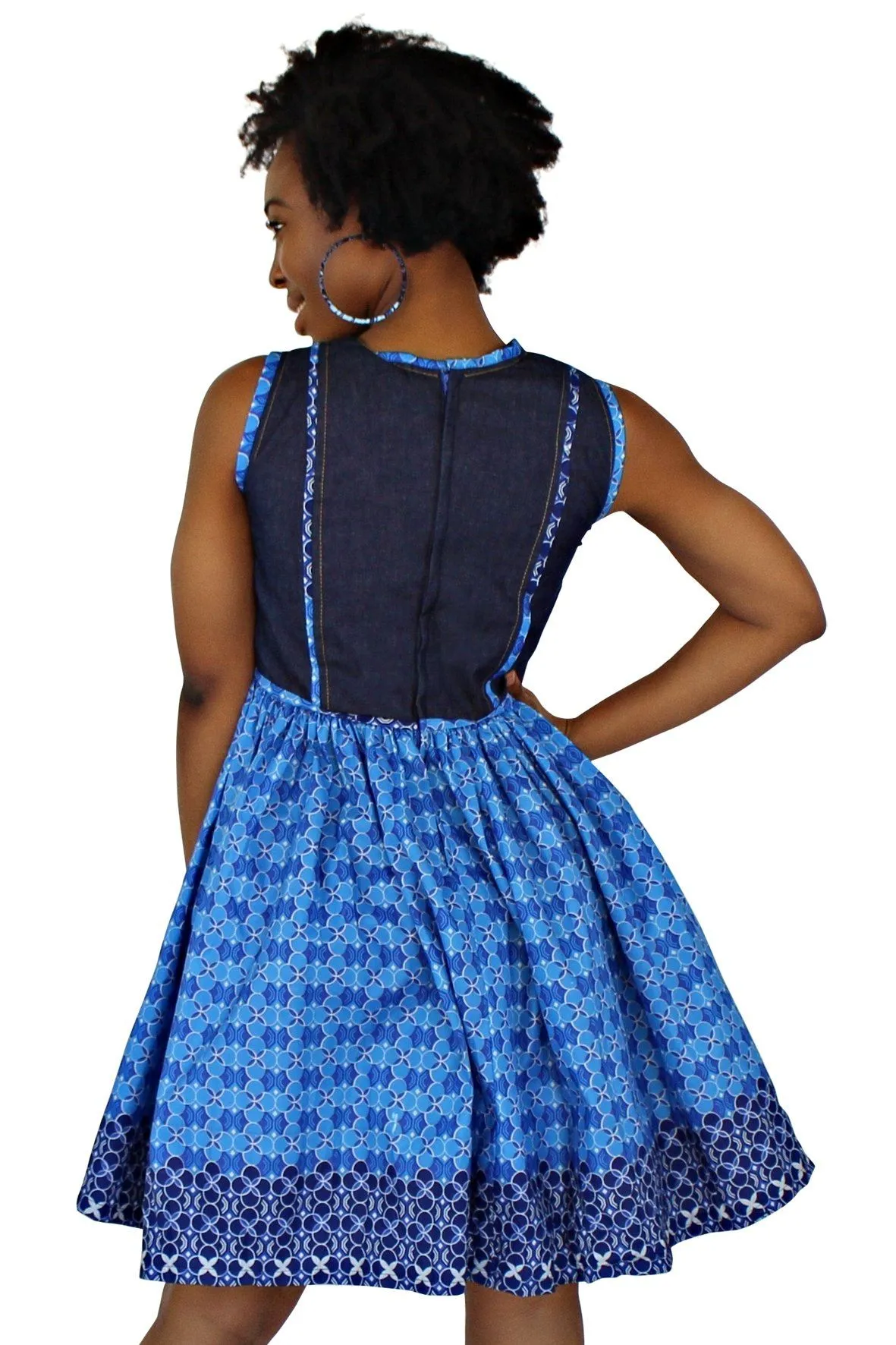 Afua African Print Denim Midi Dresses - Blue