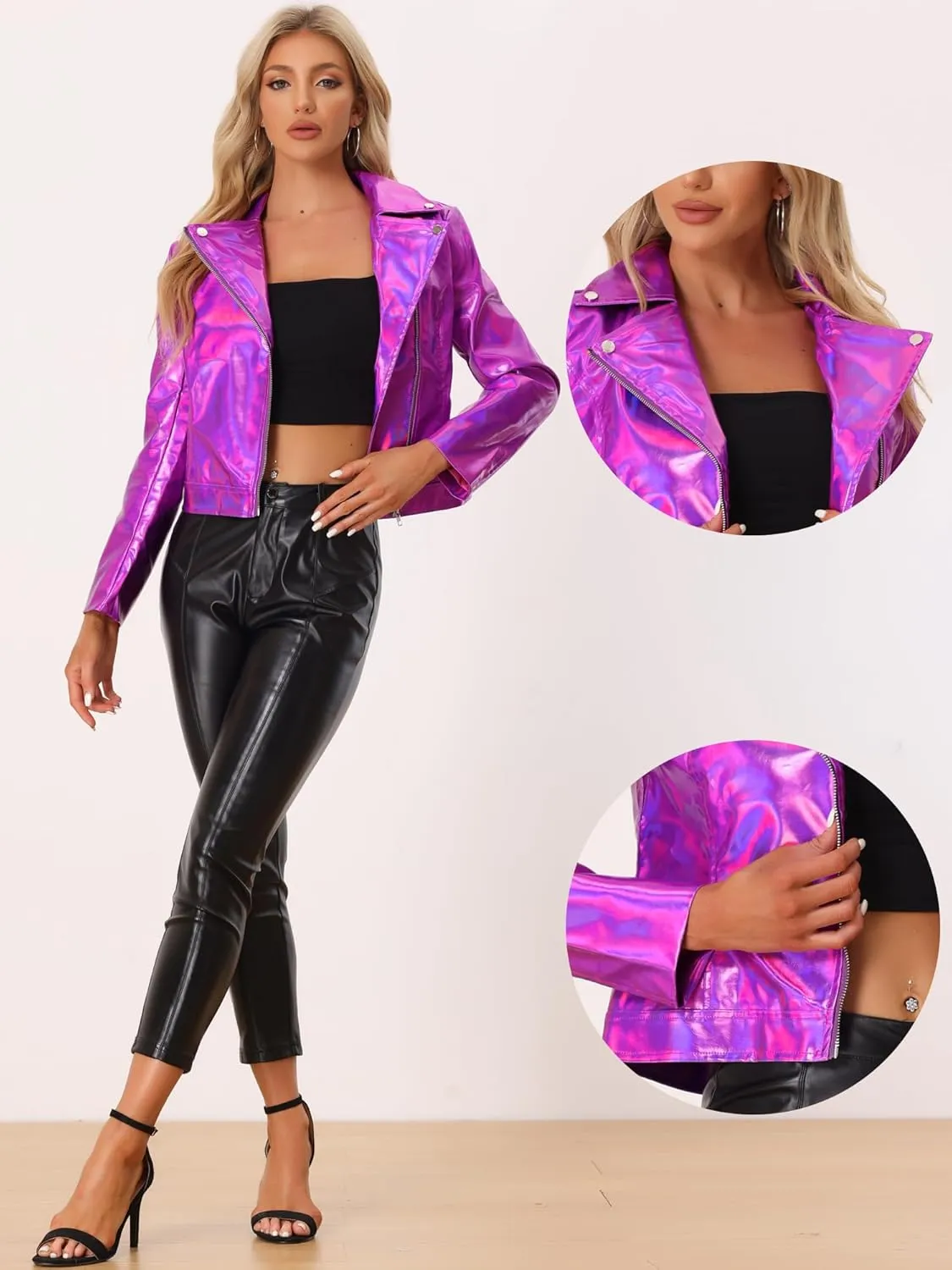 Allegra K Holographic Metallic Jacket for Women's Biker Shiny Jacket