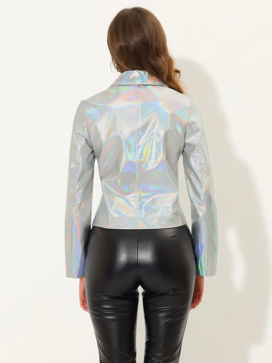 Allegra K Holographic Metallic Jacket for Women's Biker Shiny Jacket