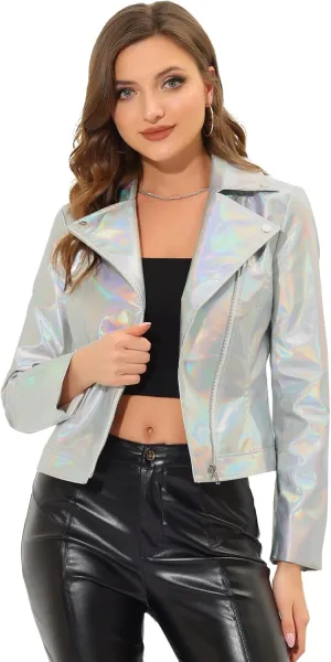 Allegra K Holographic Metallic Jacket for Women's Biker Shiny Jacket