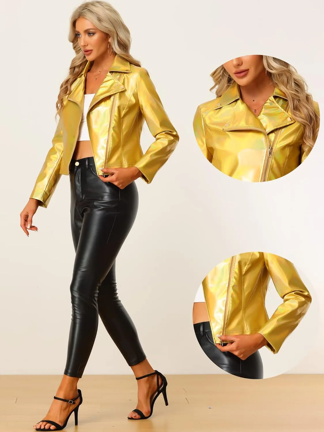 Allegra K Holographic Metallic Jacket for Women's Biker Shiny Jacket