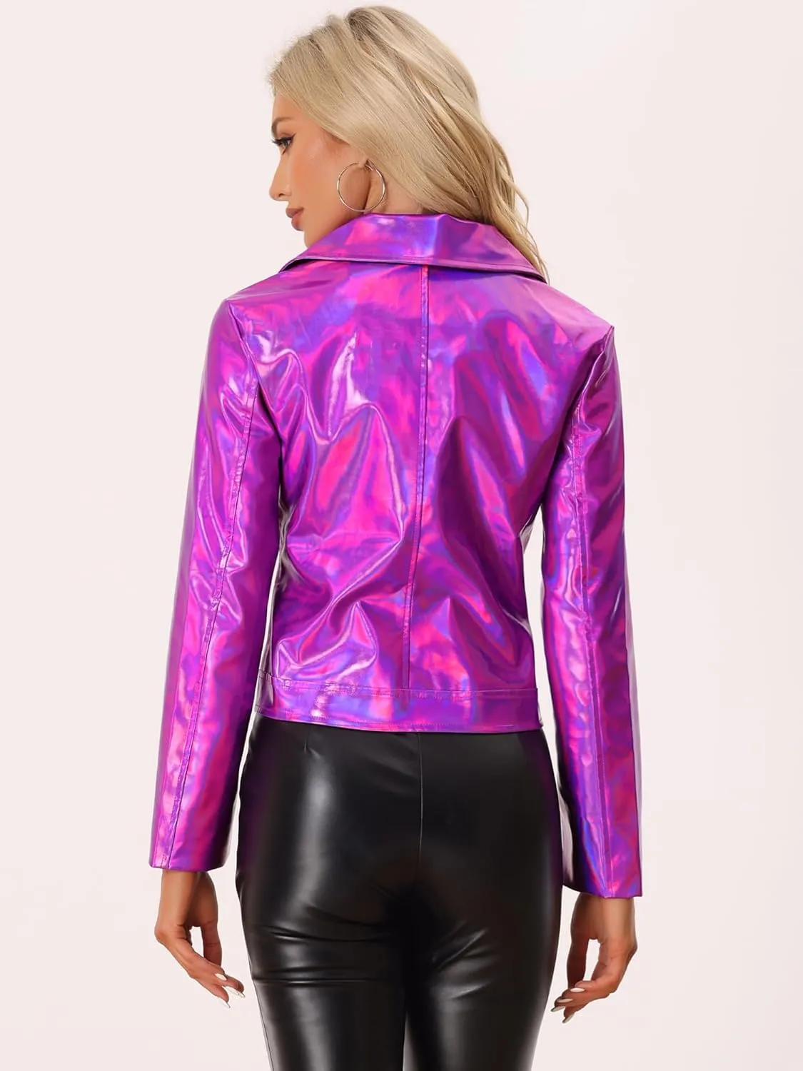 Allegra K Holographic Metallic Jacket for Women's Biker Shiny Jacket