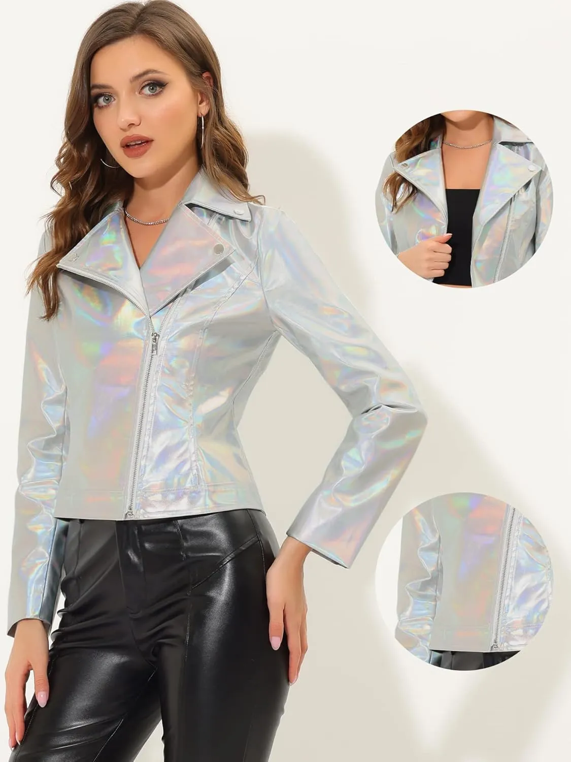 Allegra K Holographic Metallic Jacket for Women's Biker Shiny Jacket
