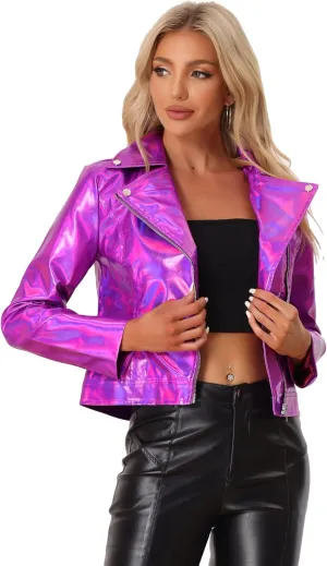 Allegra K Holographic Metallic Jacket for Women's Biker Shiny Jacket