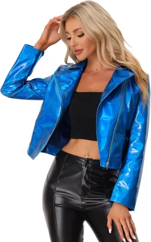 Allegra K Holographic Metallic Jacket for Women's Biker Shiny Jacket