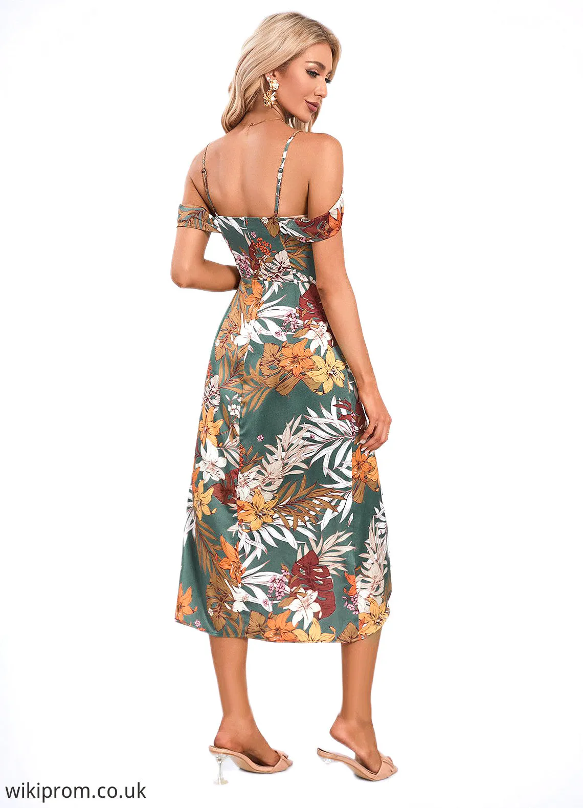 Amiah Ruffle Cowl Elegant A-line Satin Asymmetrical Midi Dresses SWKP0022307