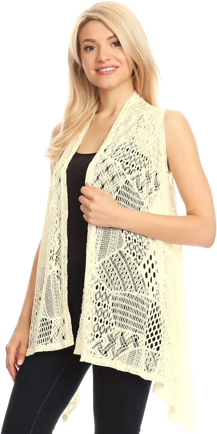 Anna-Kaci Womens Sleeveless Open Front Crochet Shawl Cardigan Bikini Cover Up