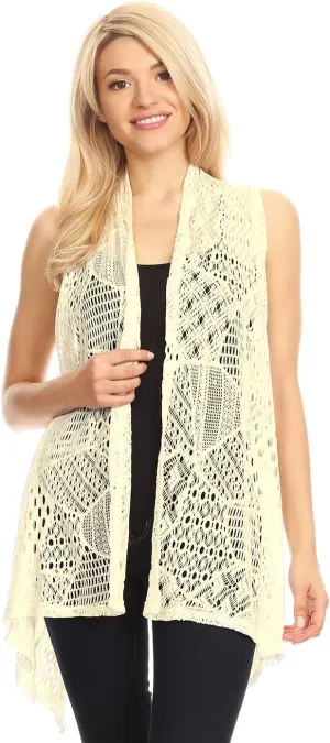 Anna-Kaci Womens Sleeveless Open Front Crochet Shawl Cardigan Bikini Cover Up