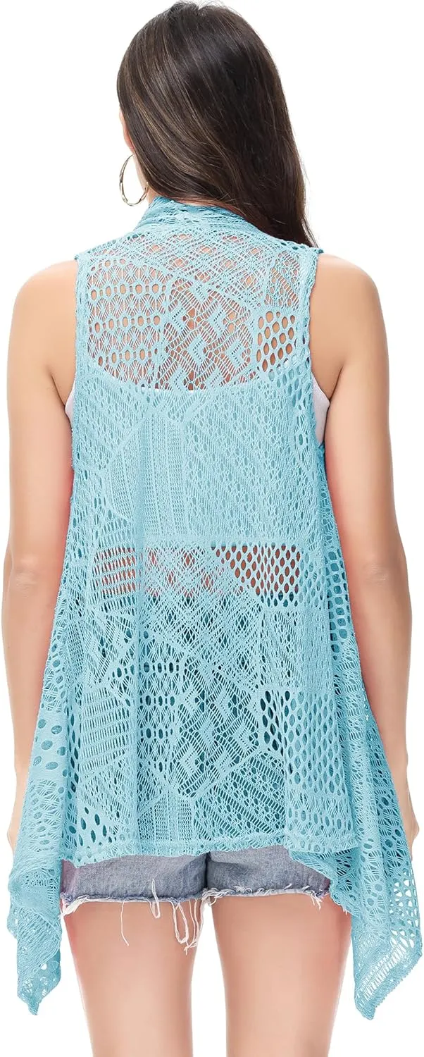 Anna-Kaci Womens Sleeveless Open Front Crochet Shawl Cardigan Bikini Cover Up