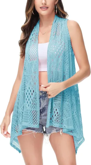 Anna-Kaci Womens Sleeveless Open Front Crochet Shawl Cardigan Bikini Cover Up