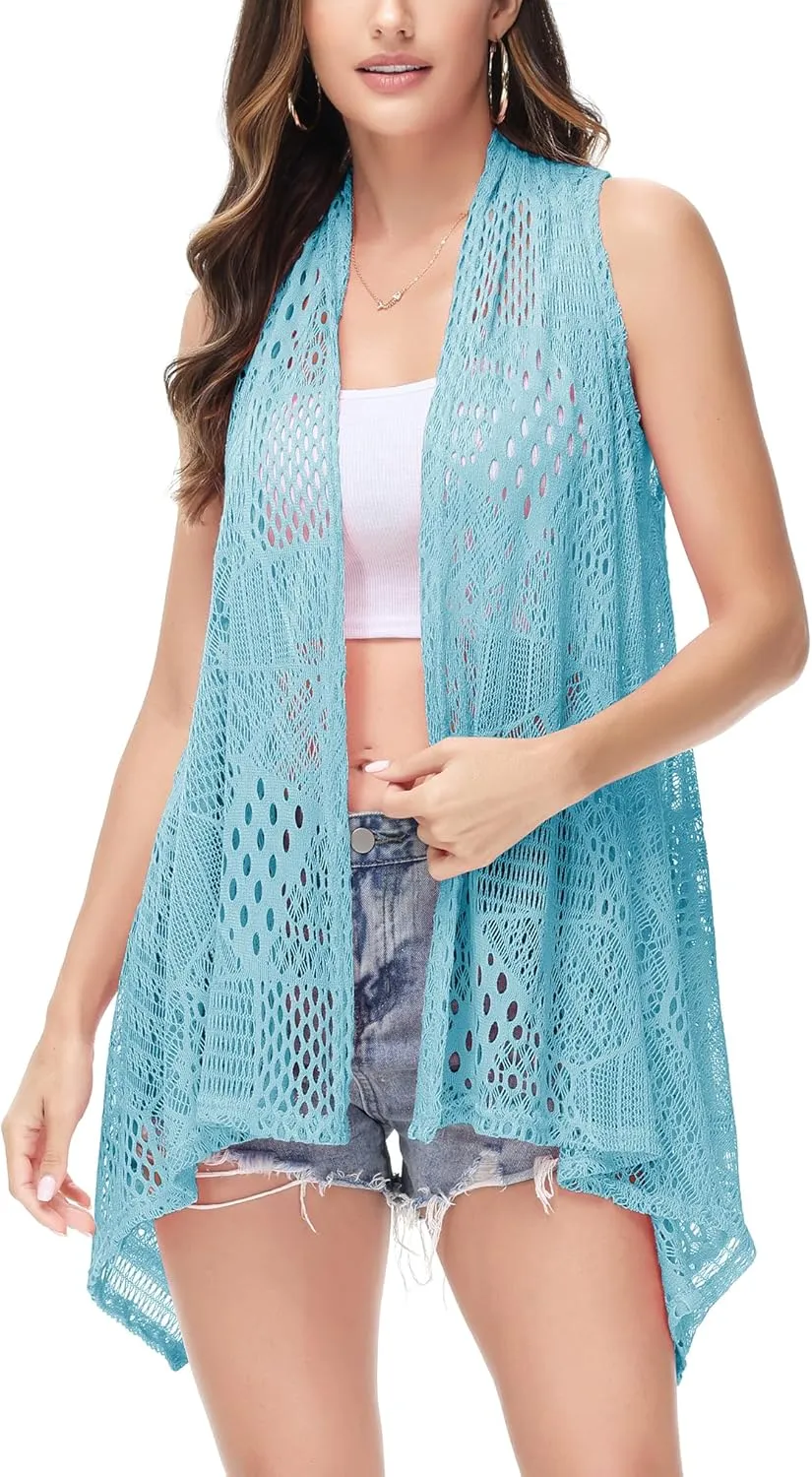Anna-Kaci Womens Sleeveless Open Front Crochet Shawl Cardigan Bikini Cover Up