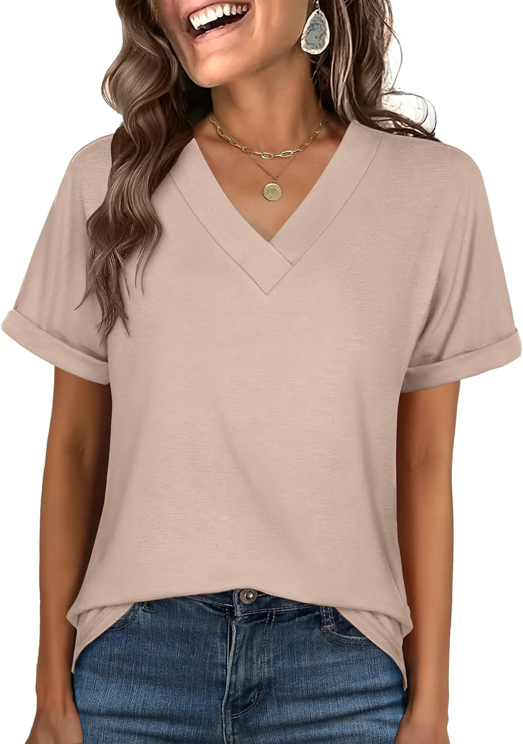 ANRABESS Womens T Shirts Short Sleeve V Neck Shirts Summer Loose Fit Dressy Tops Business Casual Blouses 2025 Basic Tees
