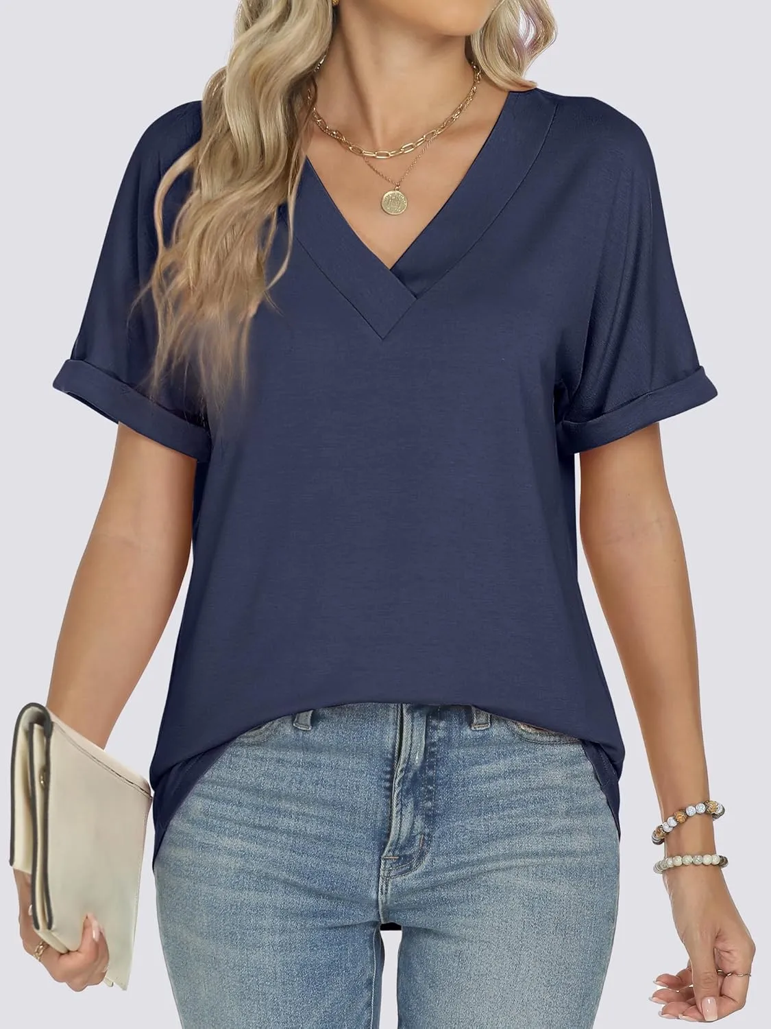 ANRABESS Womens T Shirts Short Sleeve V Neck Shirts Summer Loose Fit Dressy Tops Business Casual Blouses 2025 Basic Tees