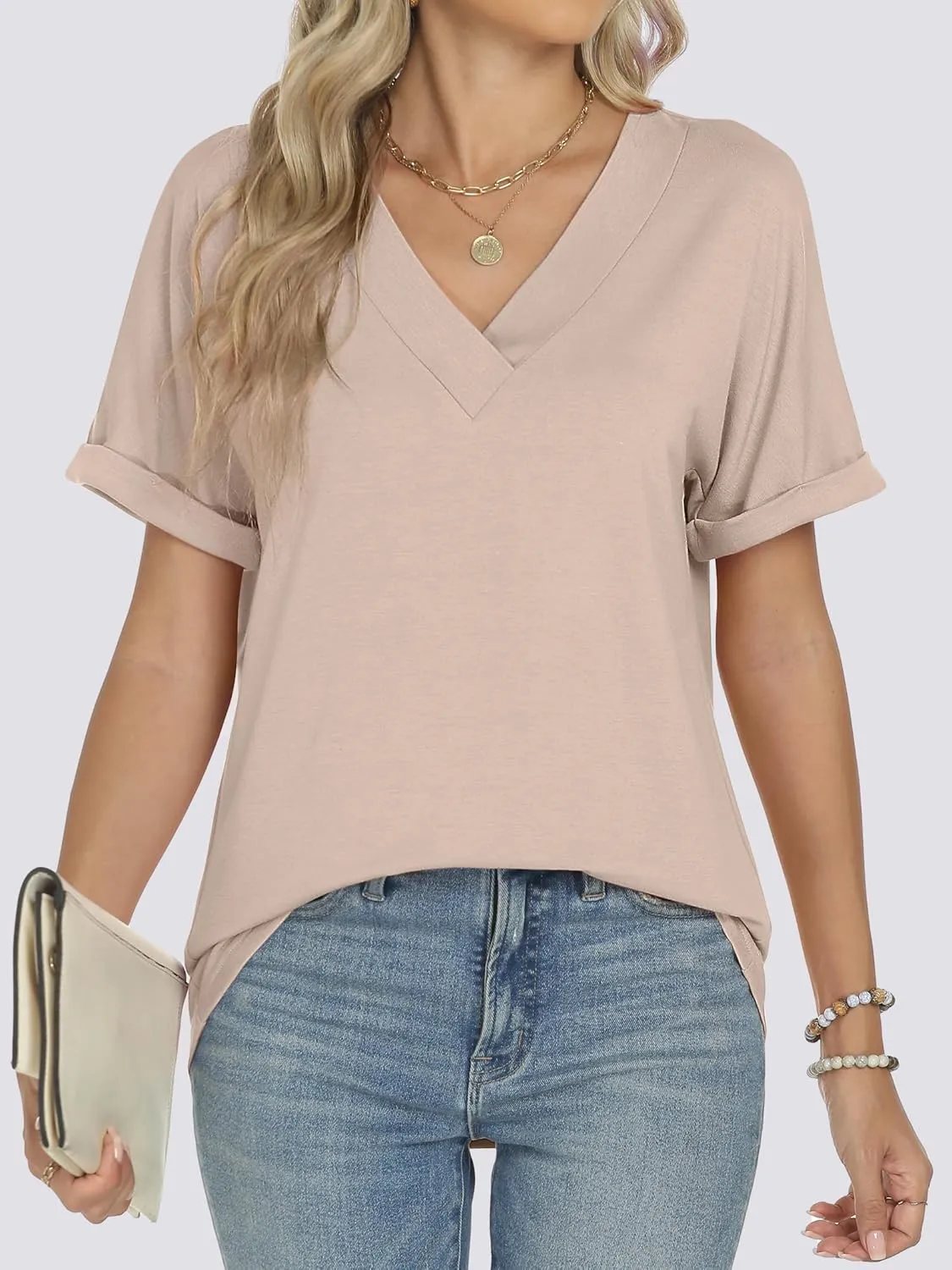 ANRABESS Womens T Shirts Short Sleeve V Neck Shirts Summer Loose Fit Dressy Tops Business Casual Blouses 2025 Basic Tees
