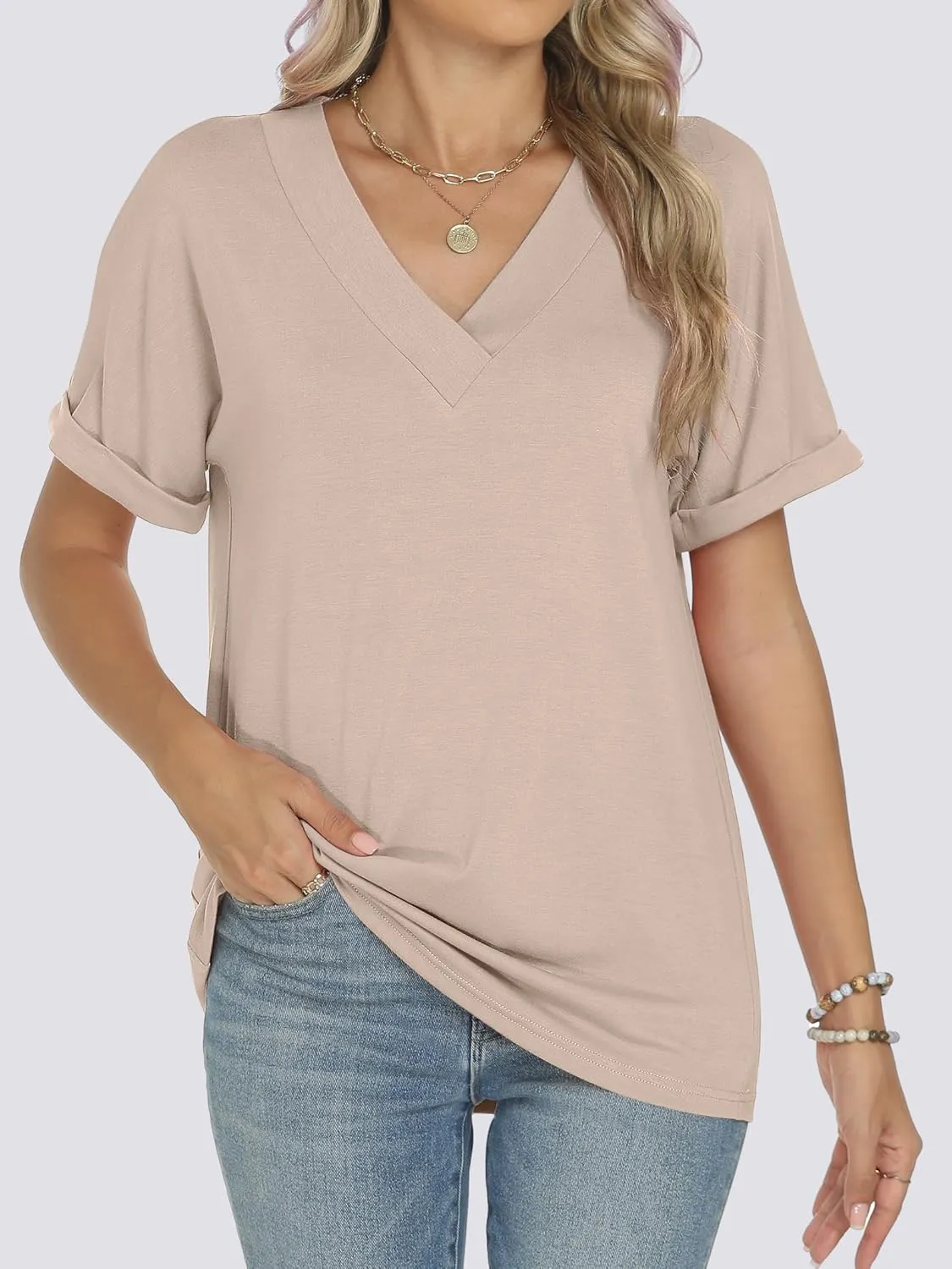 ANRABESS Womens T Shirts Short Sleeve V Neck Shirts Summer Loose Fit Dressy Tops Business Casual Blouses 2025 Basic Tees