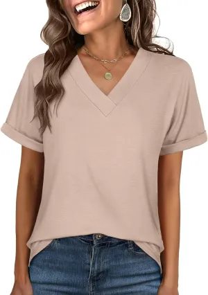 ANRABESS Womens T Shirts Short Sleeve V Neck Shirts Summer Loose Fit Dressy Tops Business Casual Blouses 2025 Basic Tees