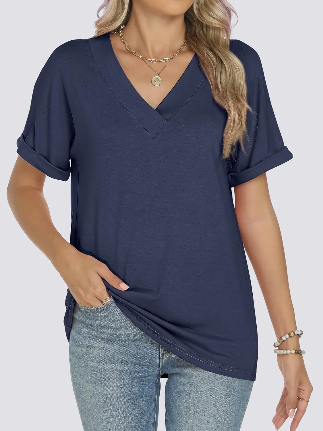 ANRABESS Womens T Shirts Short Sleeve V Neck Shirts Summer Loose Fit Dressy Tops Business Casual Blouses 2025 Basic Tees