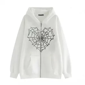 Aobiono Women Men Y2K Zip Up Hoodie Oversized Jacket Gothic Spider Web Graphic Emo Grunge Alt Big Baggy Vintage Streetwear