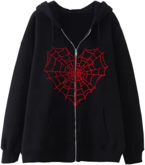 Aobiono Women Men Y2K Zip Up Hoodie Oversized Jacket Gothic Spider Web Graphic Emo Grunge Alt Big Baggy Vintage Streetwear